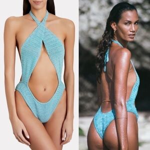 AKOIA SWIM Swimsuit Riu Twist Crochet One-Piece Backless Blue M NWT